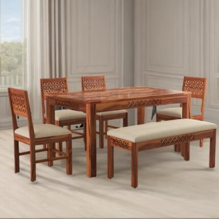 Furniture Sheesham Wood CNC Cuting Dining Table with 4 Chairs with 1 Bench