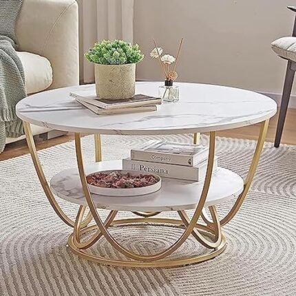 Round Coffee Table for Living Room | Modern Sofa Side Table with 2-Tier Storage